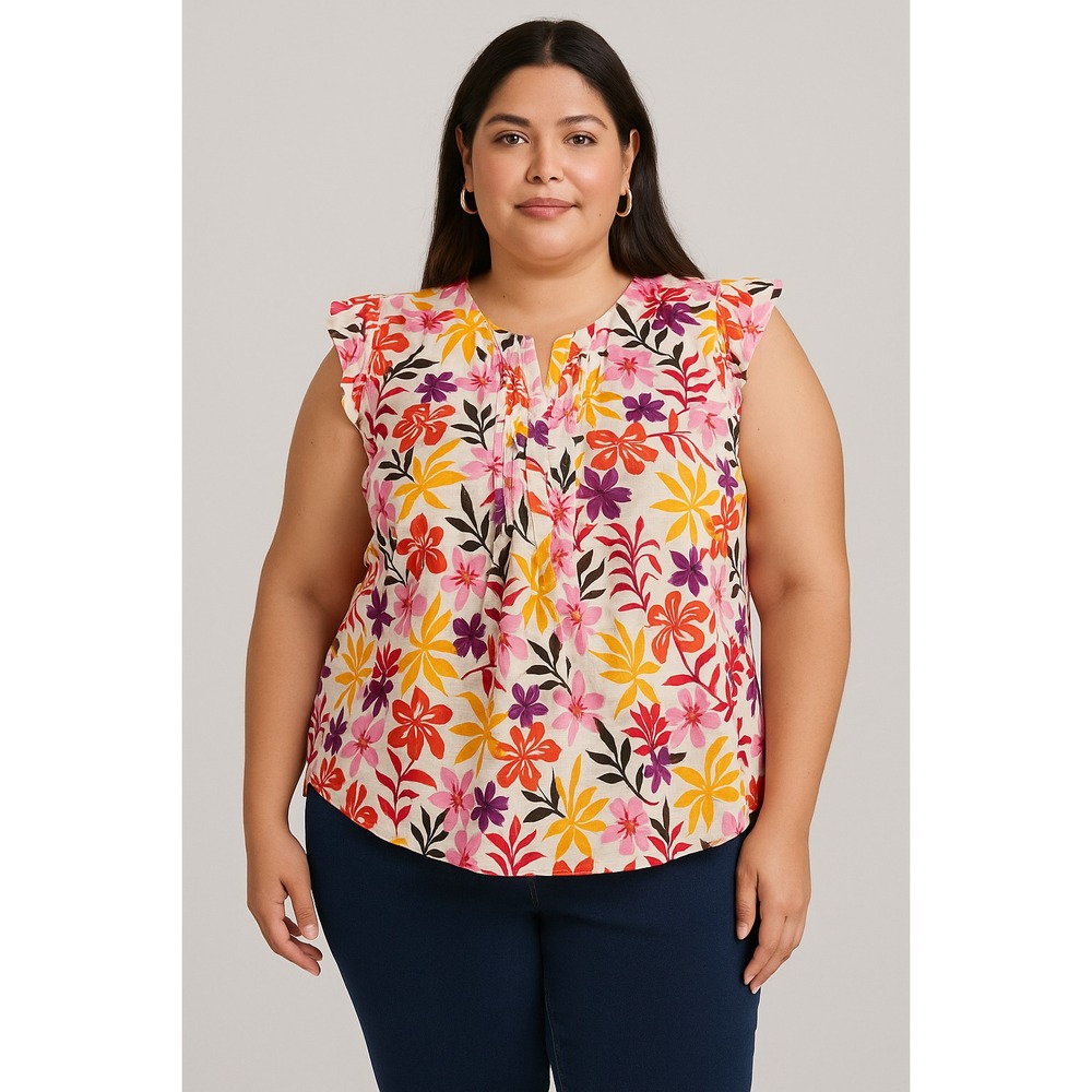 St Johns Bay Top Womens Plus Size 2X White Floral Bright Boho Pleated Sleeveless